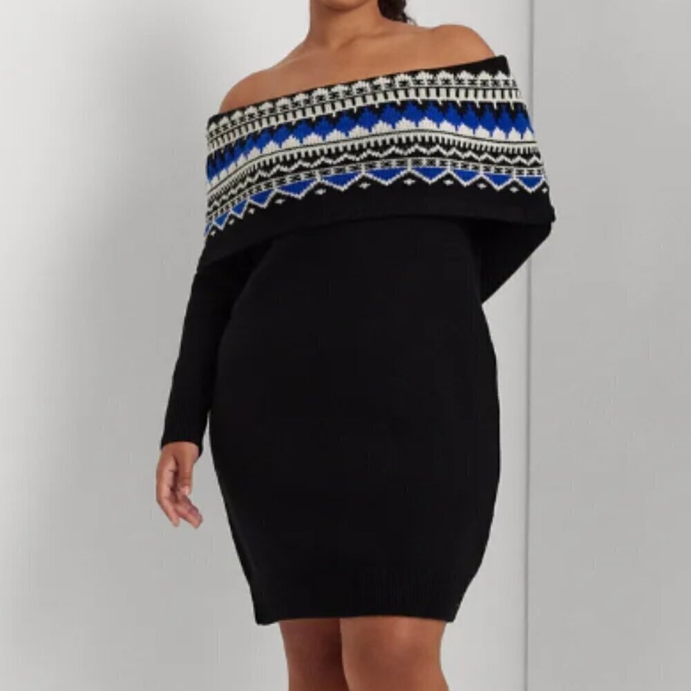 NEW Lauren Ralph Lauren Women's 2X Plus Off-The-Shoulder Fair Black Wool Dress